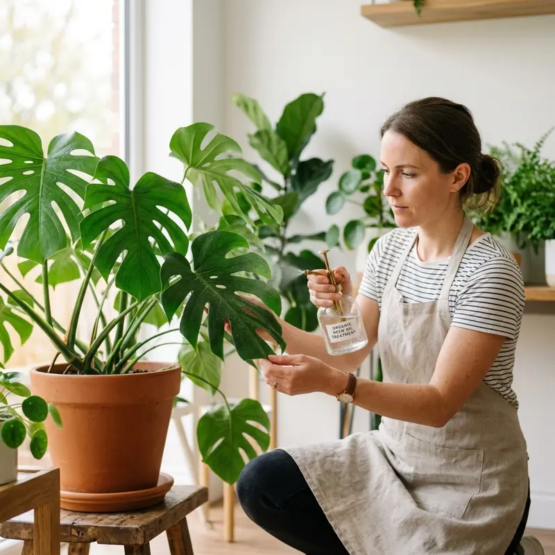 Persona aplicando aceite de neem en una planta de interior